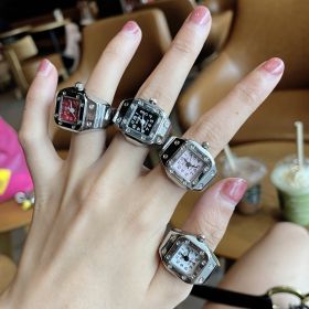 Mini Finger Ring Watch Square Quartz Easy Reader Watch Alloy Case Watch 4 Colors Valentine's Day Gift For Her (Color: pink, size: all of 4 color)